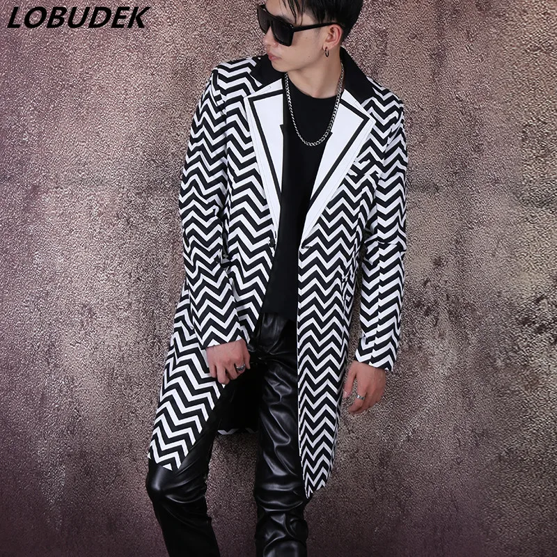 

Male Punk Hip-hop Singer Dancer Stage Performance Long Blazers Black White Wave Striped Long Coat Slim Outerwear Show Costume