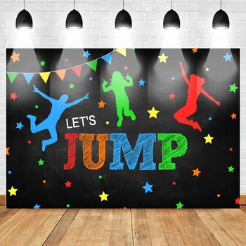 

Let's Jump Trampoline Birthday Photography Backdrops Pump It Up Party Photo Background Colorful Stars Black Backdrop for Photo