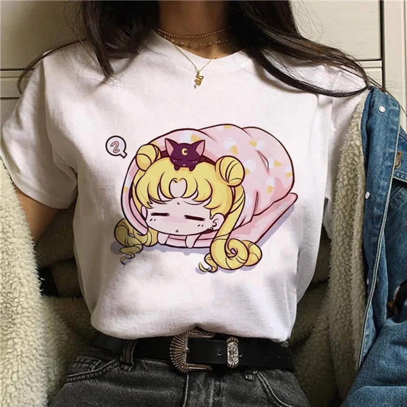 W31877WT6 Сейлор Мун модная футболка для женщин Harajuku короткий рукав Веселая футболка милый кот футболка мультфильм Топ Футболки женские - Цвет: W31877WT6
