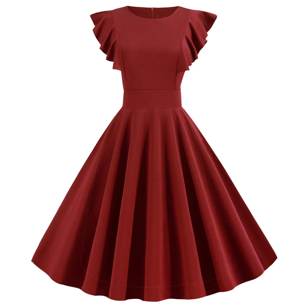 LAUZUOLA, черные женские летние платья, Ретро стиль, 50 s, 60 s, рокабилли, пинап, вечерние платья, рукав-лепесток, одноцветное, офисное платье, длина до колен - Цвет: JY14135 wine red