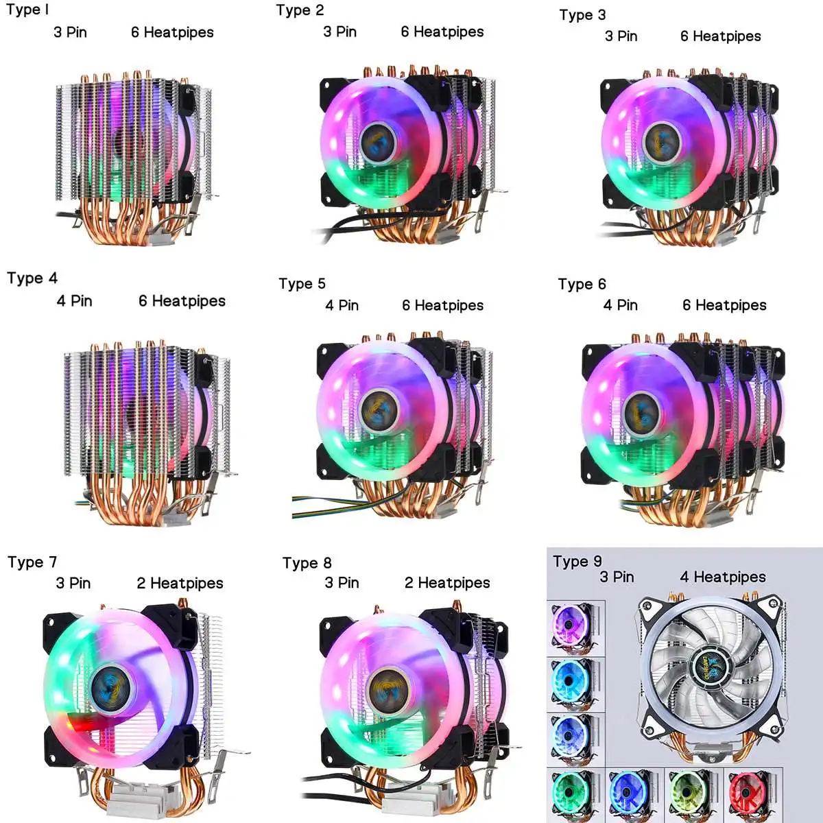Кулер для процессора радиатор 2/4/6 медная тепловая трубка 3/4pin RGB Вентилятор Intel