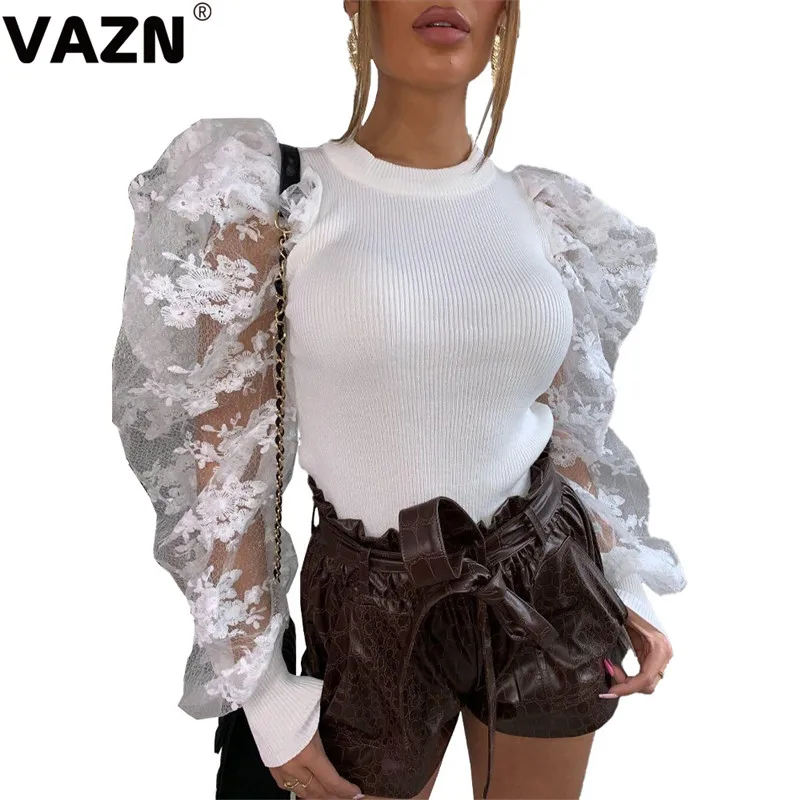 VAZN, новинка, белая кружевная Женская модная облегающая Сексуальная Весенняя футболка с круглым вырезом, Офисная Женская одежда для работы, футболка