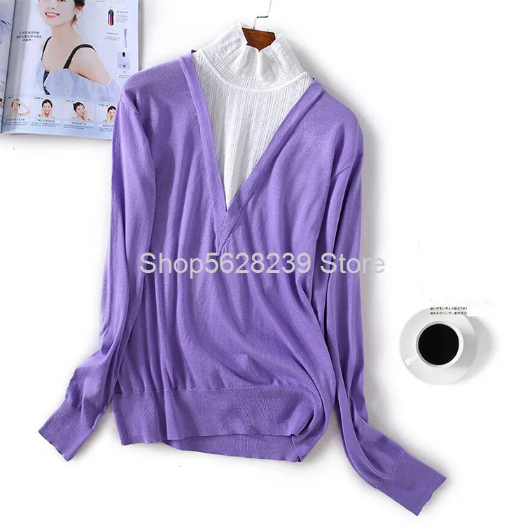 

Trend Quality Women's Wear 2020 Season Contrast Temperament Gao Collar Commute Lady Long Sleeve Knitting Shirt
