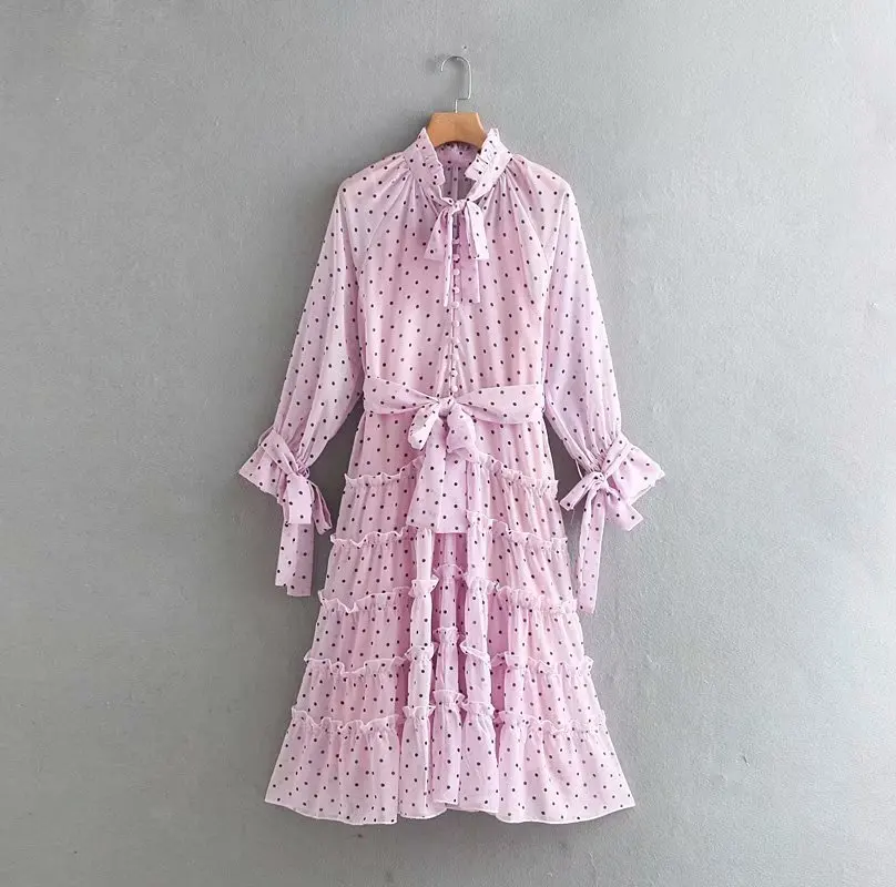 

Western Style Women's Dress 2019 Summer New Style Bowtie Polka Dot Lace-up Flounced Dress