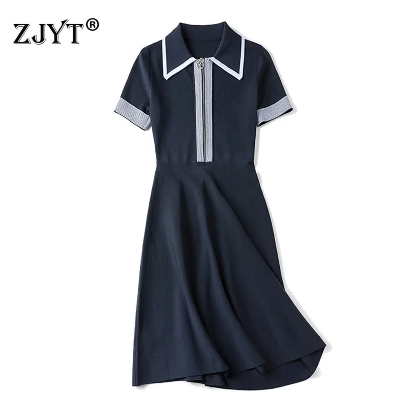 

New Fashion Runway Designer Autumn Dress for Women 2019 Female Vestidos Short Sleeve Turn Down Collar Casual Knit Sweater Dress