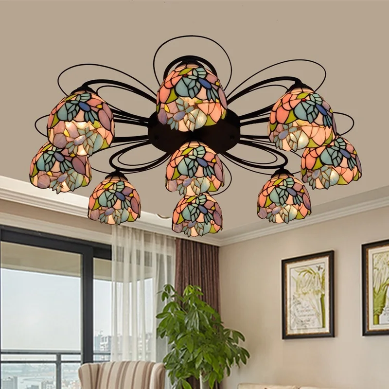 

Tiffany's stained glass living room dining room bedroom multi head ceiling light garden bird remote control lamp