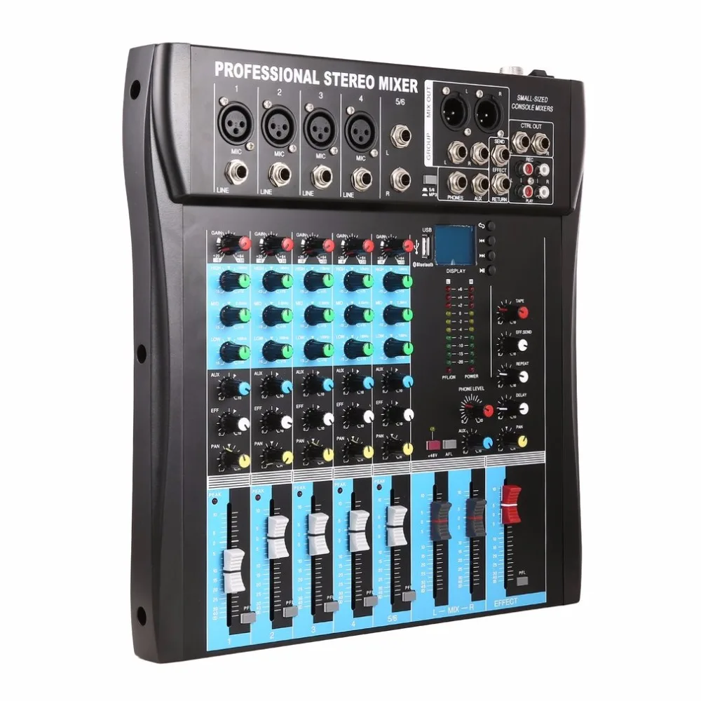 CT6 6 Channel Professional Stereo Mixer Live Audio Sound Console Vocal Effect Processor with 4-CH Mono& 2-CH Stereo Input