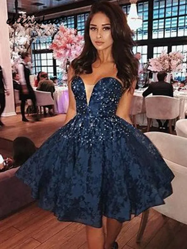 Navy Blue Homecoming Dresses Sweetheart Lace Beading Knee Length Homecoming Dress Short Party Gowns