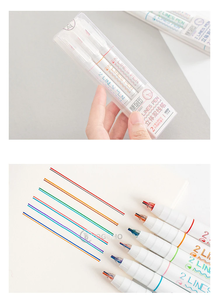 6Pcs/box Creative Two-color Line Gel Pen Art Drawing Pen Student Reading Marker DIY Stationery Supplies