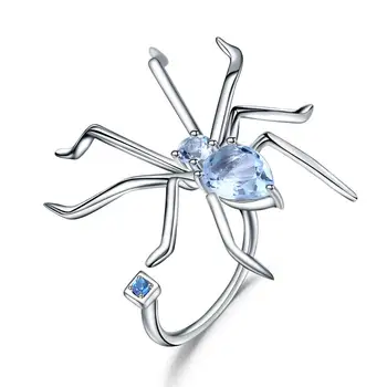 

Natural Sky Blue Topaz Spider Open Ring For Women 925 Sterling Silver Vintage Punk Gothic Adjustable Ring Female Fine Jewelry