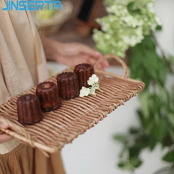 

JINSERTA Antique Rattan Storage Tray Dessert Fruit Cake Bread Plate Tea Coffee Serving Tray Desktop Sundries Tray with Handle