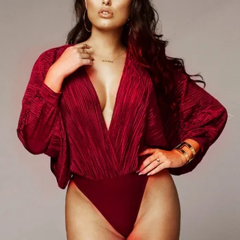 

Deep V-Neck Patchwork Sexy Bodysuit Women Fashion Long Sleeve Loose Women Rompers Autumn Casual Bodysuit Jumpsuit 2019