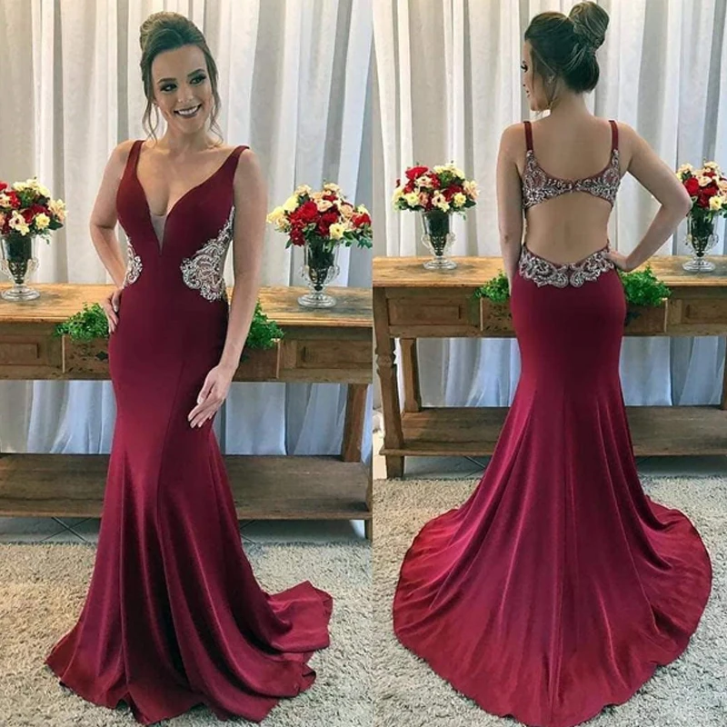 

Burgundy Mermaid Evening Dresses Satin Hand-Beading Floor Length Formal Gowns Party Dress Long Evening Dress
