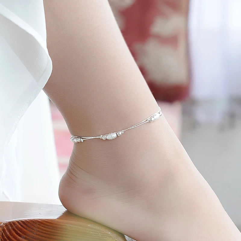 Double Layer Oval Frosted Bead Pendant Anklets 925 Sterling Silver Ladies Ball Foot Chain Bracelets Women Fashion Jewelry anklet bracelets silver anklets ankle chain