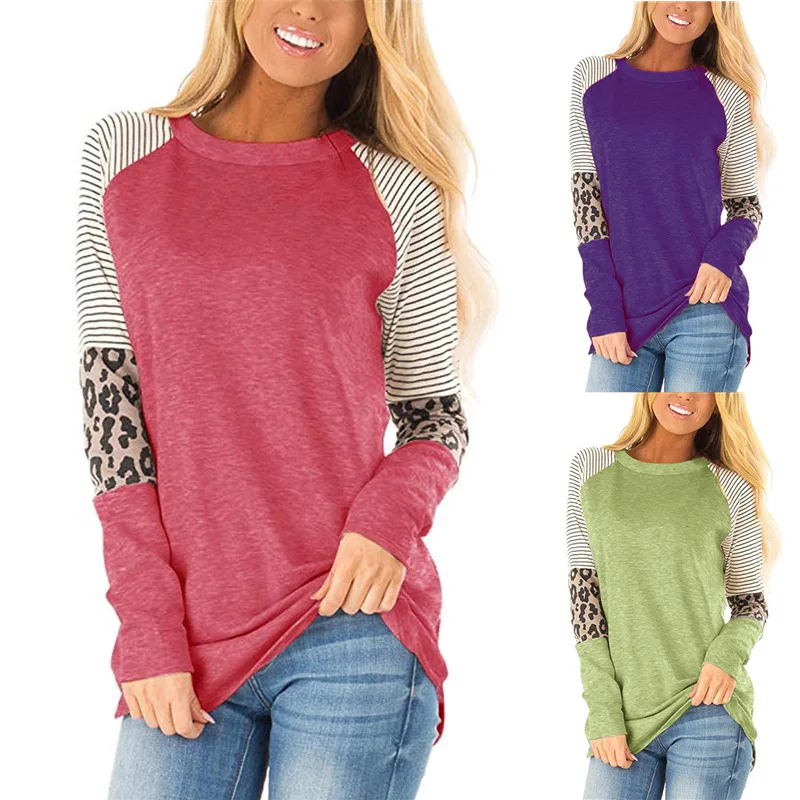 

2019 Autumn Women Long Sleeve Leopard Print Spelling Color Stripe O Neck T-shirts Basic Top Tees Winter Vintage Plus Size Female