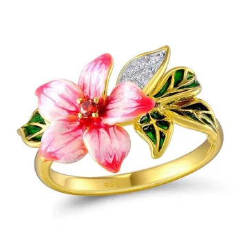 

New Fashion Yellow Gold Color Zircon Stone Rings for Women Pink Enamel Hyperbole Flower Party Engagement Rings Jewelry Gift