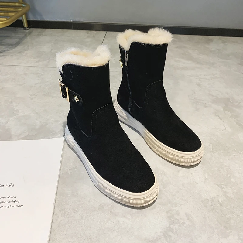 Fashion Mid-Calf Boots Women Winter Keep Warm Plus Velvet Short Boots Ladies Waterproof Women Shoes Belt Buckle Decoration