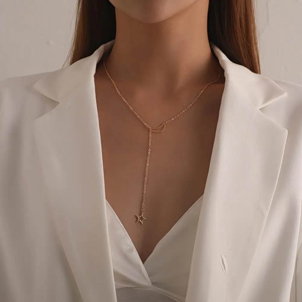 

Korea Simple Choker Necklace for Women Fresh Star Long Chain Pedant Clavicle Necklace Minialist Bohemia Fashion Jewelry Charm