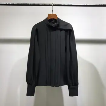 

B00956480 irregular knot collar simple lantern long sleeve front pleat blouse lady office shirt