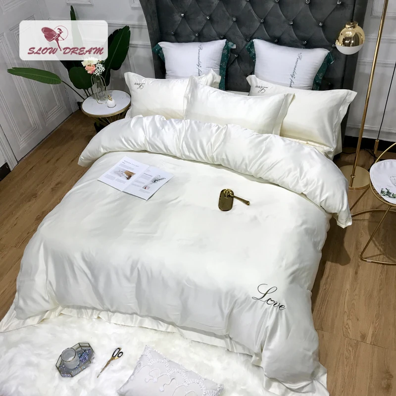 

SlowDream White Solid Color Silk Bedding Set Girl Duvet Cover Set Bed Flat Sheet Luxury Decor Bedclothes Quilt Cover Bed Linens