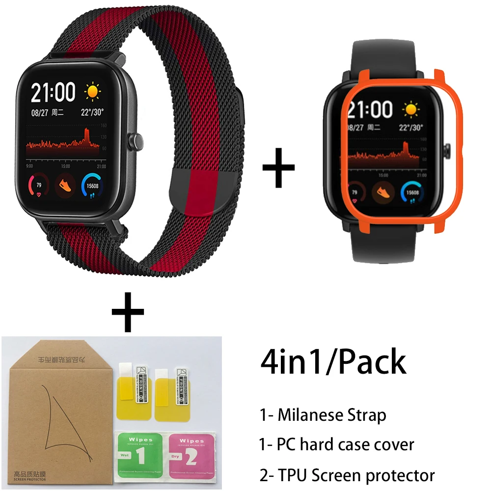 Black red-Orange 4в1 для Xiaomi Huami Amazfit GTS Ремешок Браслет из Миланского нержавеющей стали Smartwatch Браслет amazfit gts защитный чехол для экрана - Цвет: Black red-Orange