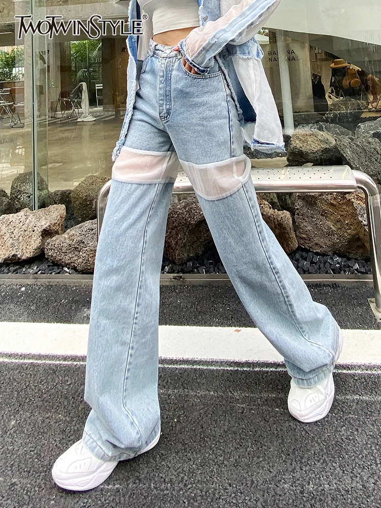 

TWOTWINSTYLE Casual Patchwork Loose Denim Pant For Women High Waist Full Length Fashion Autumn Hole Jeans Female 2021 Clothing
