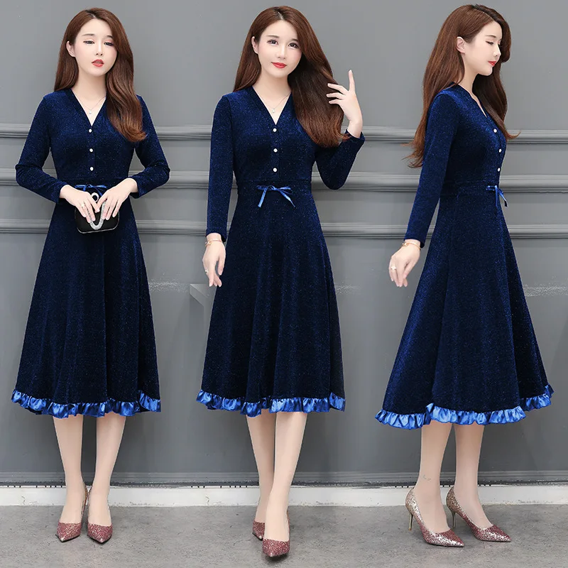 

Photo Shoot 2019 Autumn New Style Korean-style Waist Hugging Middle-aged Women Dress Dress-Style Elegant Long Sleeve V-neck Base