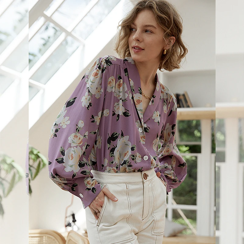 100% Silk Blouse Women Shirt Vintage Style Flower Printed Long Sleeves Loose V Neck Graceful Style New Fashion