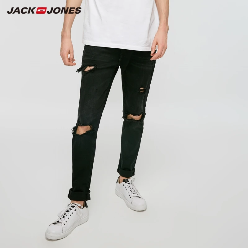 JackJones мужские черные рваные узкие джинсы уличная одежда 219132601 | Мужская