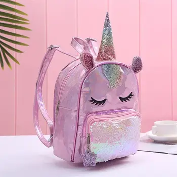 

1pc PU Leather Unicorn Sequin Backpack Shoulder Bag Large Capacity Travel Bag Creative Cute Shoulder Bag for Women (Pink)