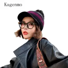 Kagenmo, шапка из кроличьего меха, толстая шапка, женская зимняя бейсболка, смешанные цвета, шерсть, вязаная