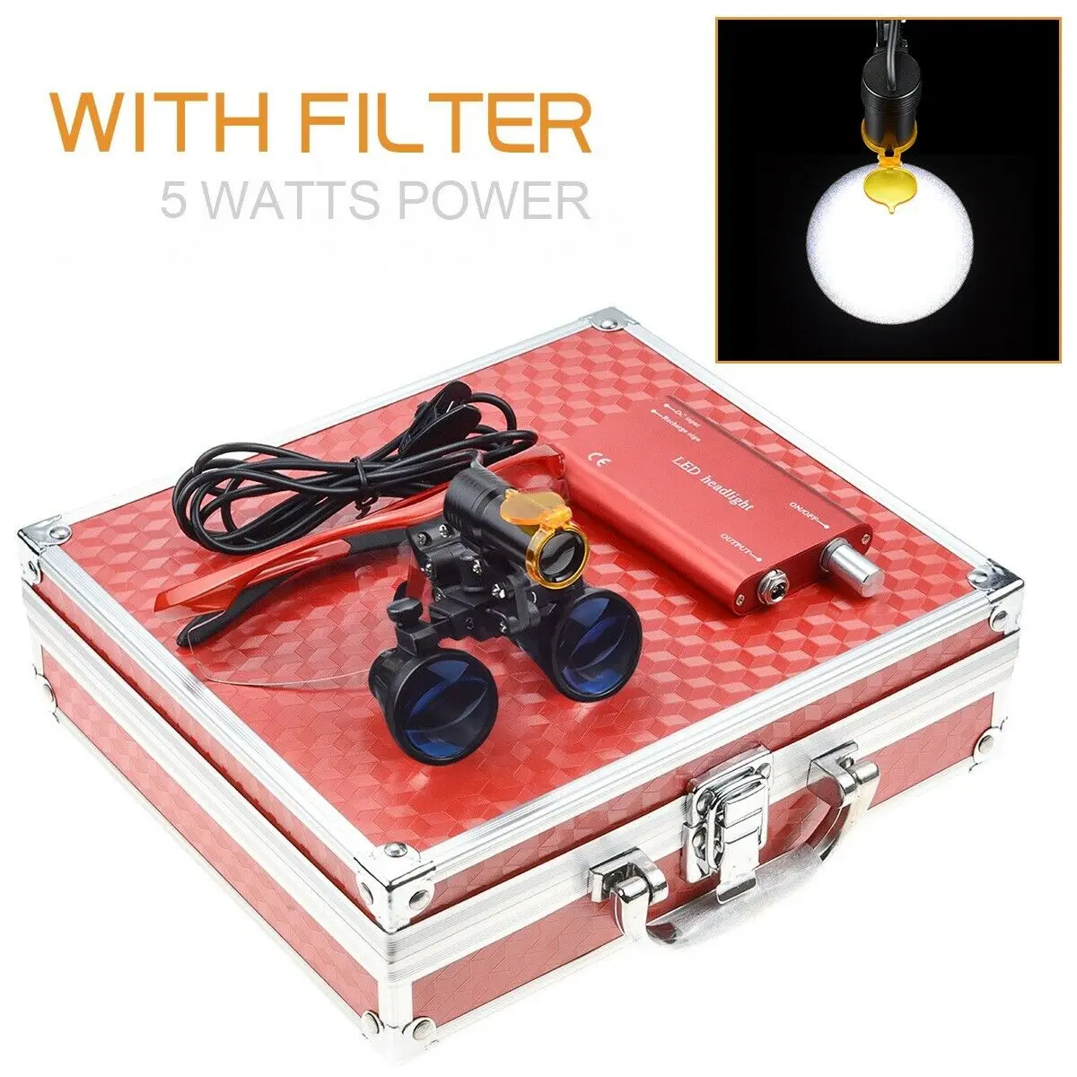 

Binocular Dental Loupes Magnifying Glasses+5W Magnifying LED Headlight with Filter Aluminum Box 2.5X/3.5X Red