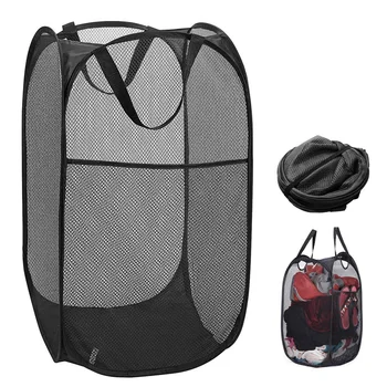 

WSFS Hot Pop-Up Laundry Hamper Laundry Basket Bag With Side Pocket Mesh Clothes Handles Home Organize And Storage Sorter (Black)