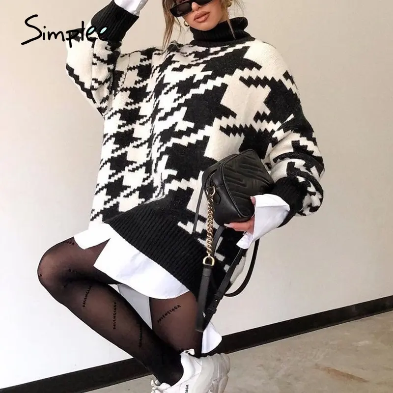White Sweater Turtleneck Long Pullover Simplee Knitted Houndstooth Black Women Warm Fashion