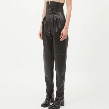 

DEAT 2020 new spring notched PU spliced shoulder double buttons blazer and HIGH waist PU leather pants WK01501L