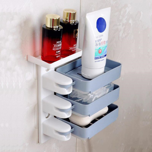 Soap Box Rotating Three Layer Self-adhesive Makeup Organizer Storage Draining Case Holder for Bathroom Soap Dish Shelf Box