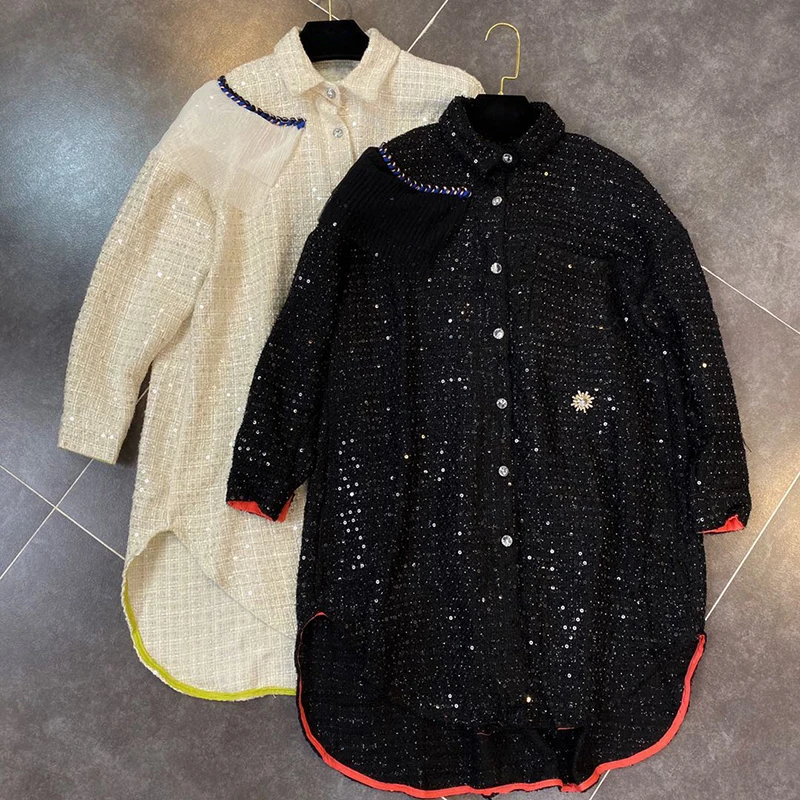 

HIGH STREET 2020 Fall Winter Designer Jacket Women's Glitter Sequined Long Jacket
