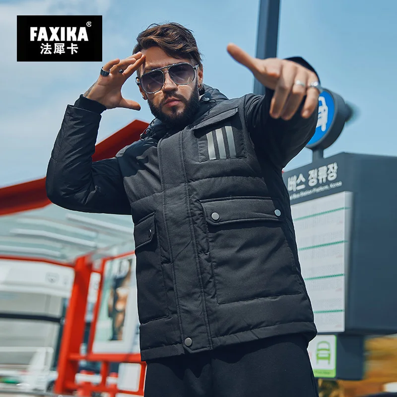 FAXIKA, большой размер, короткая мужская Рабочая пуховая куртка, красивое Полосатое жирное удобрение, зимнее пальто