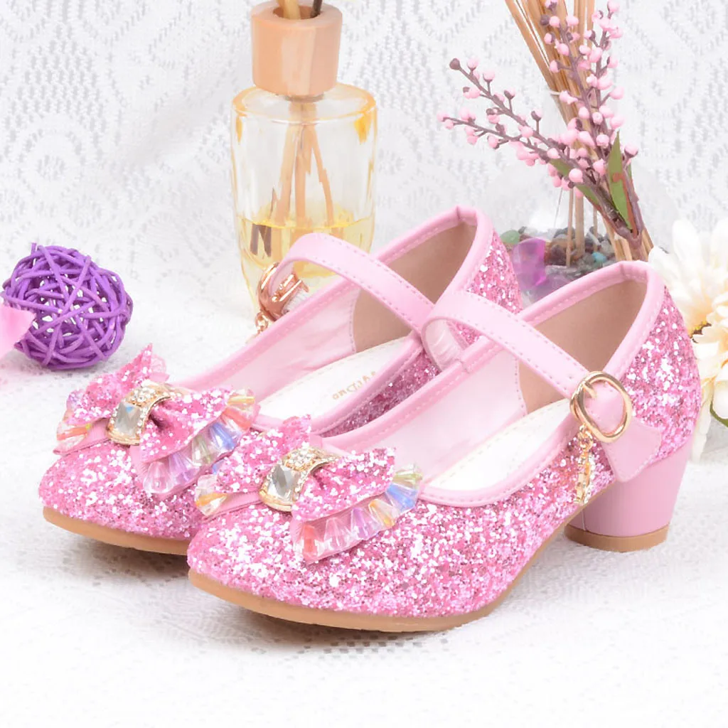 

Girls Fashion Princess Shoes Hot Sale Crystal Bowknot High Heel Shoes Children Party Dancing Shoe Baby Girls Bling Leather Shoes