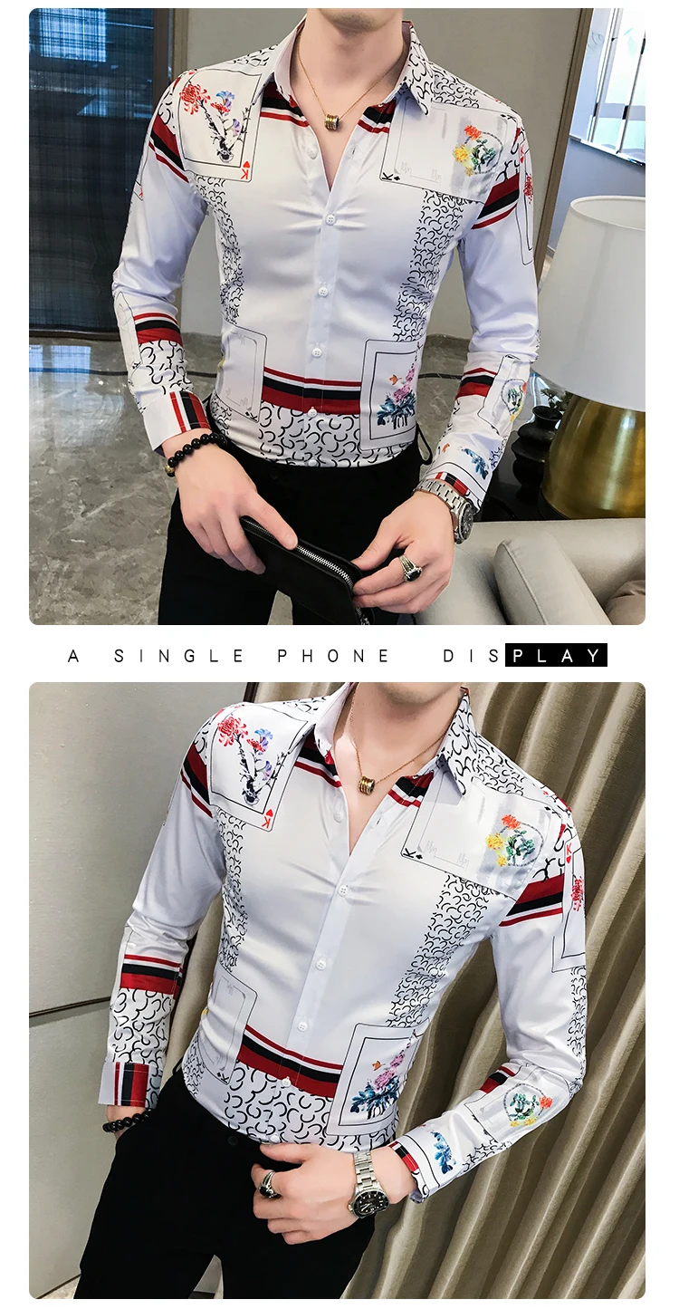Camisa Masculina, Высококачественная Мужская рубашка, осень, рубашка с принтом, Мужская Уличная одежда с длинным рукавом, приталенная рубашка, мужские вечерние рубашки, смокинг