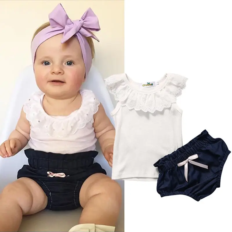 

Newborn Infant Baby Girls Clothes Lace Sleeveless TankTops+Denim Shorts Pants 2PCS Toddler Baby Summer Clothing