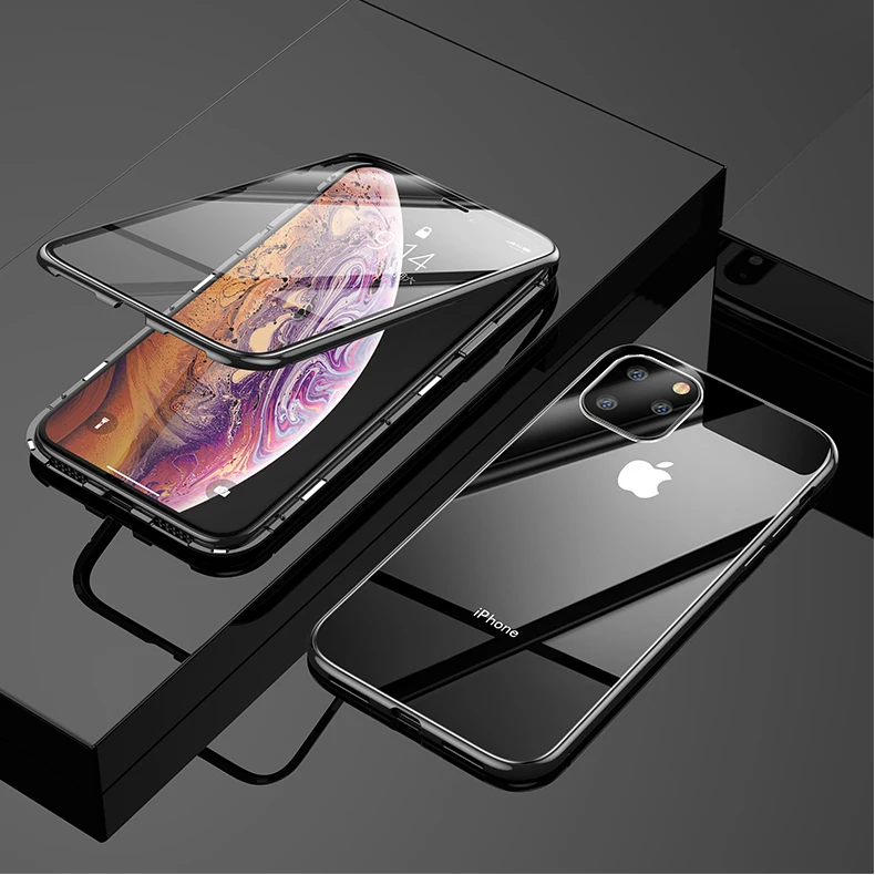 black Для iphone 11 Pro Max Магнитный чехол 360 Передний+ задний двухсторонний 9H закаленное стекло чехол для iphone 11 металлический бампер чехол - Цвет: black