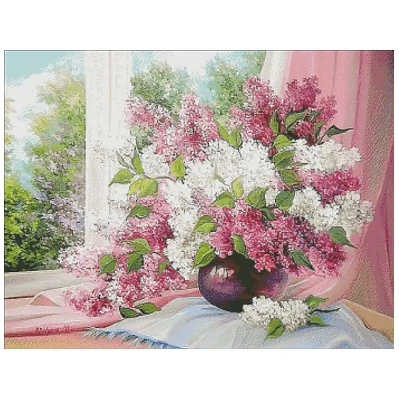 

Lilac in front of the window patterns Counted Cross Stitch 11CT 14CT 18CT 28CT DIY Cross Stitch Kits Embroidery Needlework Sets