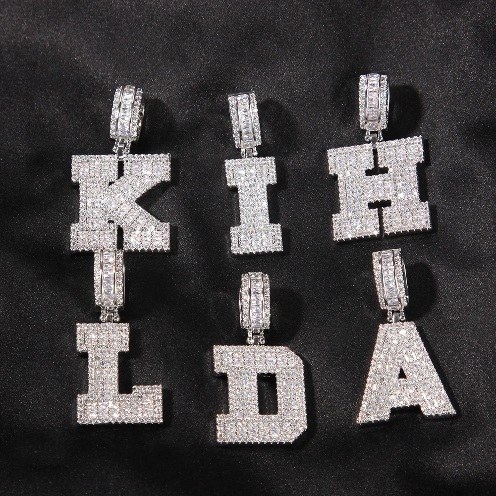 THE BLING KING A-Z Baguettecz Letters Pendant Iced Out Pink Cubic Zirconia Initial Letter Necklace Mens Women Hiphop Jewelry