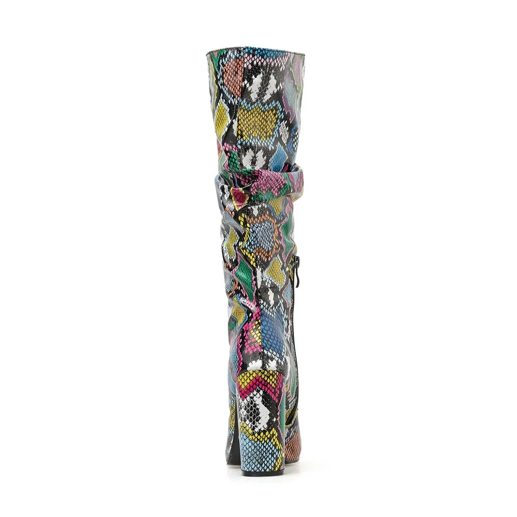 Zapatos de mujer; женская обувь; Новинка; модные ботинки; красочная змея; женские ботинки на Высоком толстом каблуке; обувь с острым носком на молнии; ботинки со шнуровкой