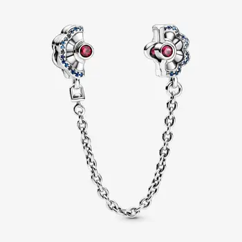 

100% 925 Sterling Silver Blue And Pink Fan Shaped Safety Chains Are Suitable For Pandora Fashion Bracelet Accessories Jewelry