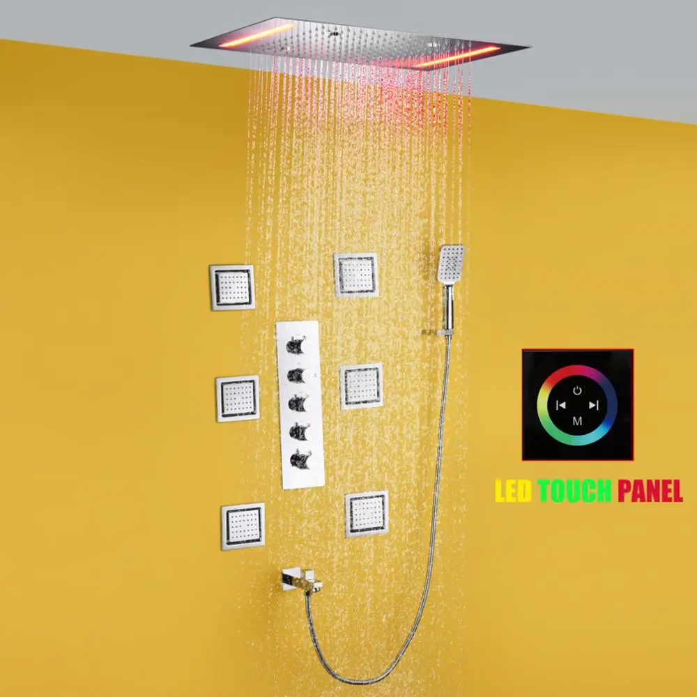 

Bathroom Atomizing Rain Shower System Brass Thermostatic Faucet Set 50X36 CM Bath Head LED Touch Panel Body Sprayer Jet