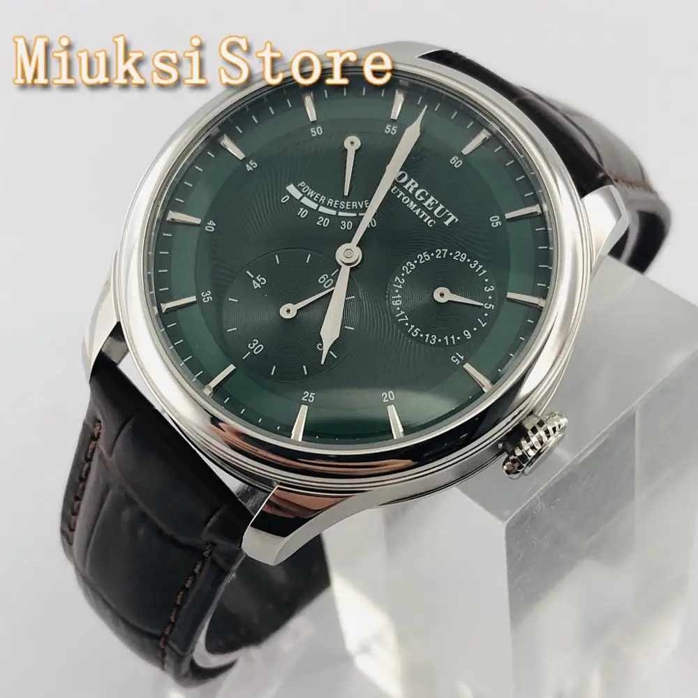 

CORGEUT 40mm men's high quality power reserve watch date green dial waterproof Seagull ST1780 movement men's automatic watch