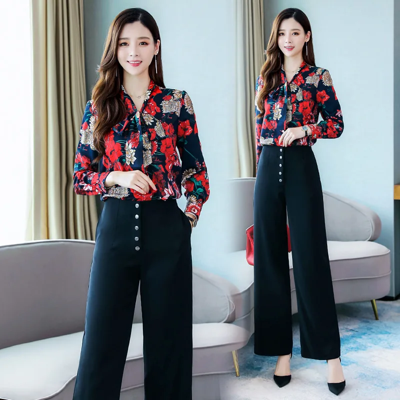 

2019 Autumn New Style Elegant Elegant Printed Chiffon Blouse Black And White with Pattern Loose Pants Two-Piece Set