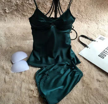 

2 Pcs Spaghetti Strap Women Pajamas Set With Chest Pad Sexy Fashion Sleepwear